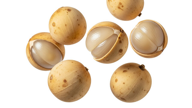 Exotic longkong tropical fruit arrangement showcasing luscious sweet translucent segments against a bright white backdrop fresh delicious healthy