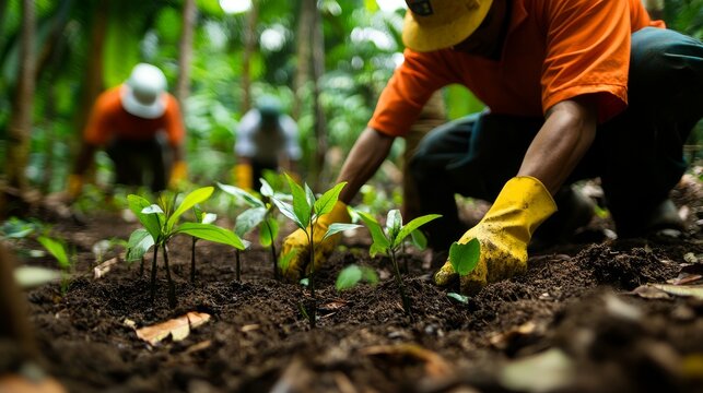 90.A serene scene of Malaysia&acirc;&euro;&trade;s reforestation efforts, with workers planting saplings in the lush, tropical environment, demonstrating the delicate balance between human effort and nature&acirc;&euro;&trade;s