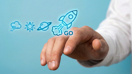 Ai automation concept hand rocket go no code startup launch innovation icon blue future digital business technology