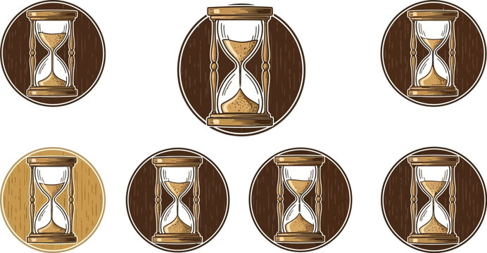 Several antique hourglasses with golden frames and brown wood bases show varying levels of sand draining from the top bulb to the bottom.