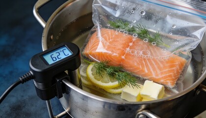 Creative cooking technique uses sous vide to prepare salmon with herbs, butter, and lemon for a flavorful meal experience