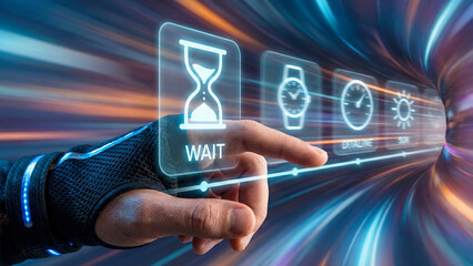 Futuristic ai automation concept hand no code wait interface digital time control technology glow motion blur cyber speed