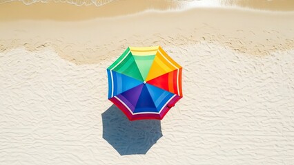 A rainbow umbrella sits on a sandy beach near the waters edge casting a shadow
