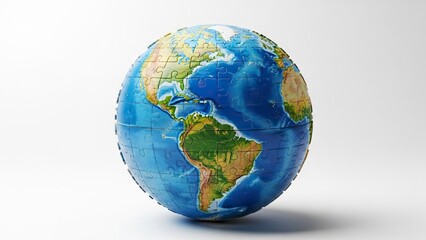 Globe puzzle showing North South America Arctic oceans a complete sphere of jigsaw pieces on a plain background