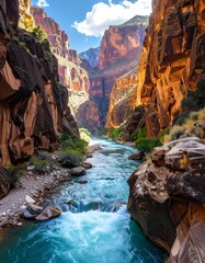 Deep canyon with river; sunlight on textured, layered rock formations