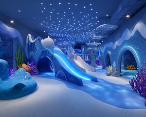 Ocean Depth-Themed Indoor Playground With Blue Lights Coral Ramps And Whale Slide Features
