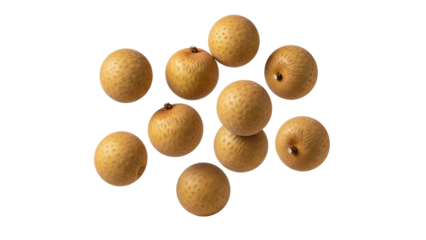 Fresh, ripe longan fruits, scattered on a pure white background, capturing their natural beauty, light brown skins, unique texture, perfect for