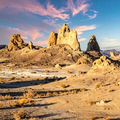 Desert landscape with rock formations under a vibrant sunset sky