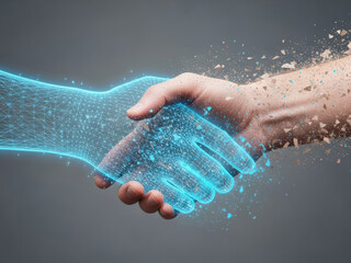 Digital handshake between human and AI, symbolizing future technology and collaboration