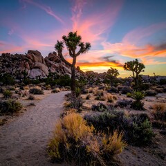 Desert path winding through Joshua trees under sunset colors