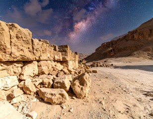 Desert ruins under the starry night sky with the Milky Way visible