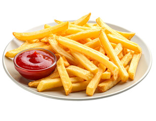 Golden fried potato sticks served with a side of red dipping sauce on a plate