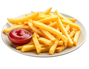 Golden fried potato sticks served with a side of red dipping sauce on a plate
