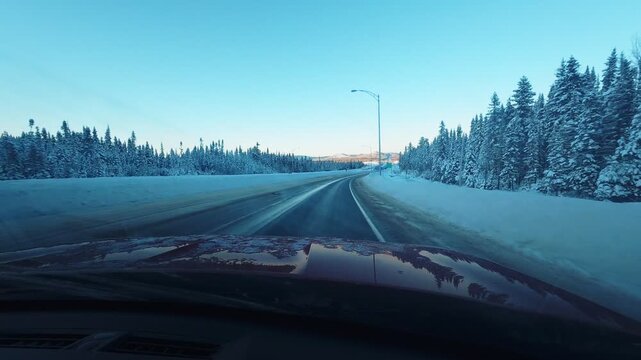 winter driving through snow covered canadian countryside landscape