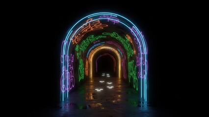 Fototapeta premium Vibrant neon illuminated digital pathway through an abstract colorful arched tunnel