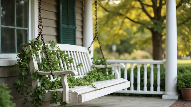 White wooden porch swing wrapped in green ivy vines swaying gently. Rustic country home exterior with hanging bench and rusty chains