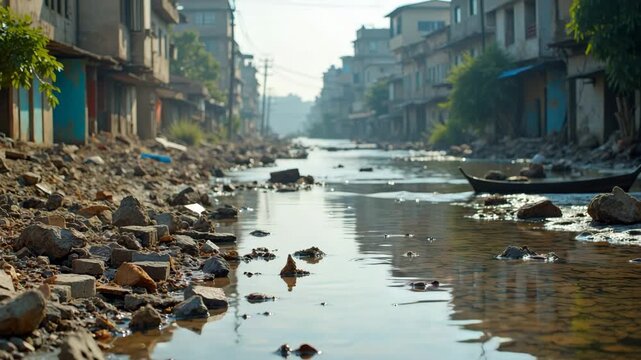 Murky water flowing along a flooded urban street with scattered rocks and debris. Dilapidated buildings in a poverty-stricken neighborhood. Environmental disaster concept