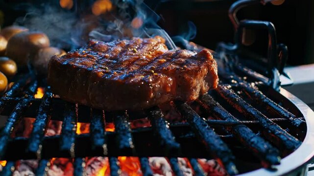Close-up video shot of a sizzling steak on a grill, capturing the smoky, juicy texture. Warm lighting creates a cozy, appetizing atmosphere.