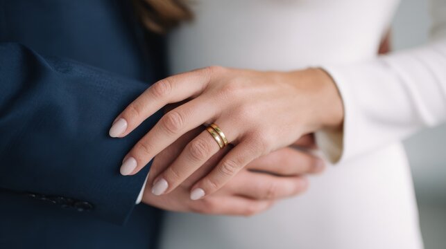 Couple holding hands with elegant wedding ring in intimate embrace