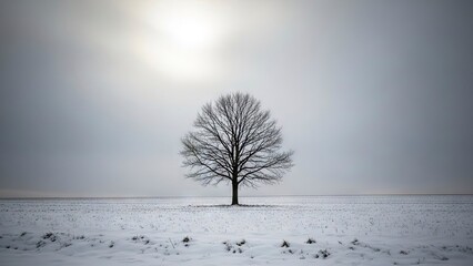 A solitary leafless tree stands in a snowcovered field under a gray overcast sky