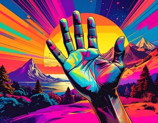 Digitally painted hand reaching out in front of a colorful, surreal landscape