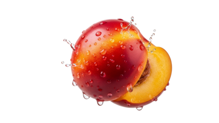Crisp vibrant nectarine half, awash with glistening water droplets, exudes ultimate freshness and natural deliciousness. A splash of hydration