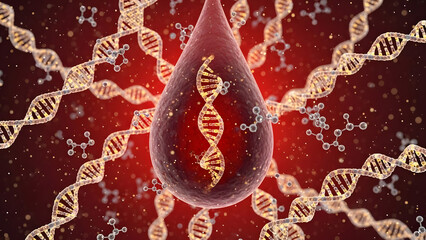 Conceptual 3d rendering showing microscopic view of single blood drop encapsulating double helix dna strand surrounded by genetic molecules