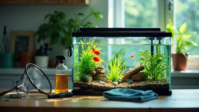 Bright orange goldfish swimming in a glass aquarium with green aquatic plants. Freshwater fish tank with clear water and gravel in a home setting