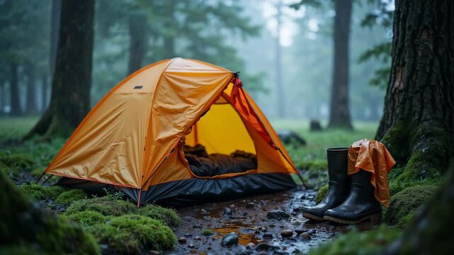 Bright orange tent pitched on mossy ground in a misty forest. Rain boots and jacket outside the open entrance. Camping adventure concept