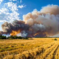 Dramatic landscape featuring wildfire smoke billowing in the vast sky