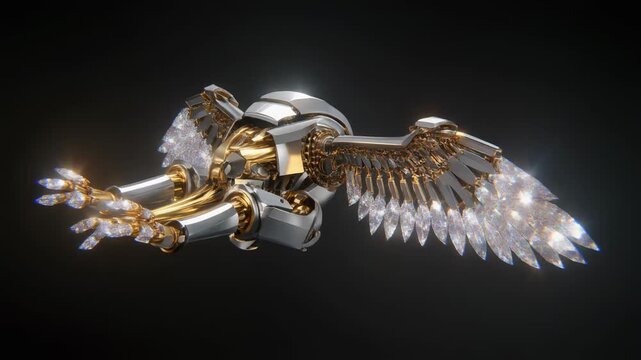 Floating mechanical tome, titanium and gold skeleton, crystals forming wings of light