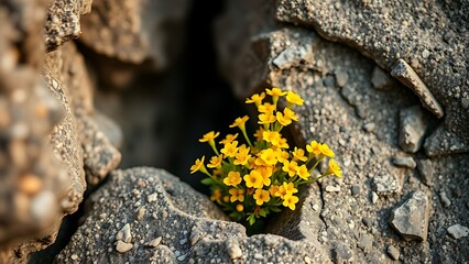 Rhodiola plants with yellow flowers growing from a crack in high-altitude granite.