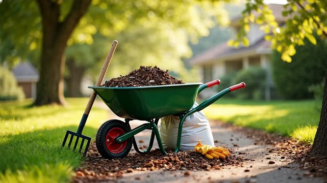 Green wheelbarrow full of fresh mulch with rake and gloves. Gardening tools in a suburban backyard. Landscaping and yard maintenance concept