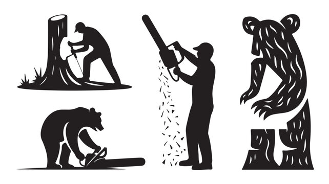 Man and Bear Cutting Wood with Chainsaw