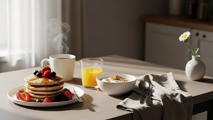 A table set with a breakfast of pancakes juice cereal and coffee A daisy in a vase completes the scene