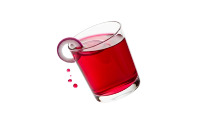 Dynamic ruby red beverage in a tilted glass, an unconventional onion ring garnish. Lively crimson splashes create a captivating and unique drink