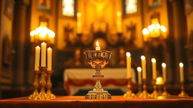 Golden pyx on church altar illuminated by warm candlelight, shallow depth of field.