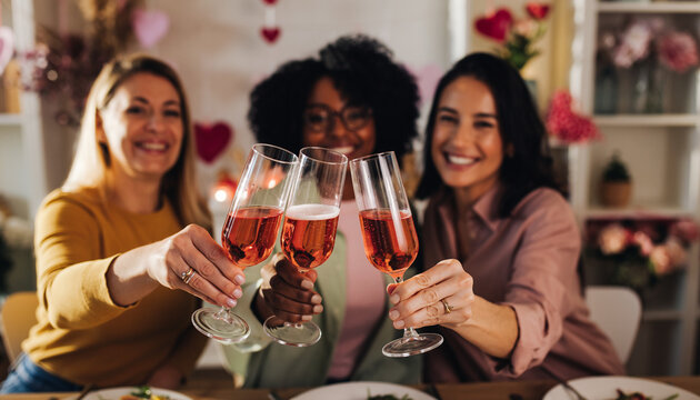 Galentine's Brunch Cheers. Valentine&rsquo;s Day - Modern Romance. Three diverse female friends raising pink champagne glasses in a toast during a fun brightly decorated Galentine's Day brunch..
