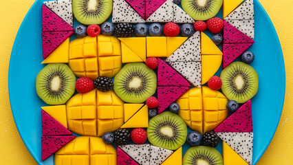 Naklejka premium Vibrant geometric fruit mosaic platter featuring fresh mango, kiwi, dragon fruit, and mixed berries, artfully arranged for a healthy, refreshing snack