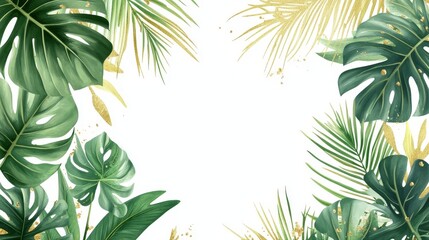74.Round tropical frame design featuring lush green palm leaves, monstera foliage, and delicate golden accents on a white background for summer invitations.