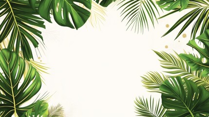 74.Round tropical frame design featuring lush green palm leaves, monstera foliage, and delicate golden accents on a white background for summer invitations.