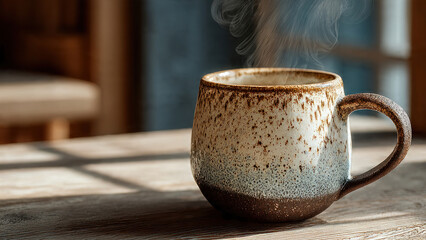 Steaming Hot Coffee Mug on a Rustic Wooden Table with Sunlight.