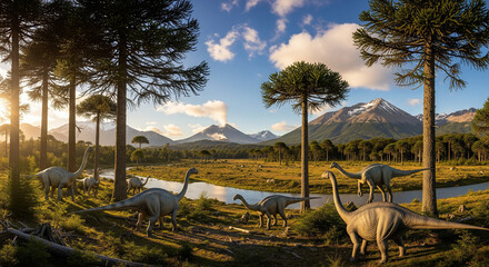 A group of dinosaurs in a prehistoric environmen