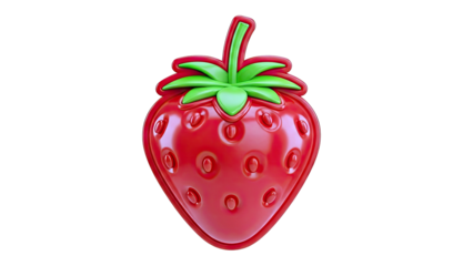 3D Red Strawberry Icon with Green Leaves