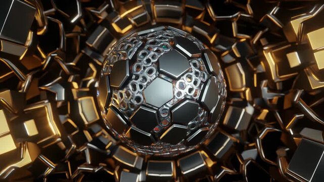  &ldquo;Floating sphere of interlocking titanium plates, dark gold patterns, silver filigree, 
