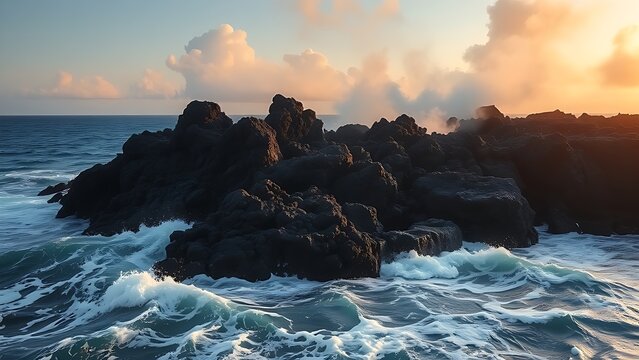 Lava meeting ocean, forming black volcanic rock with rising steam at sunset.
