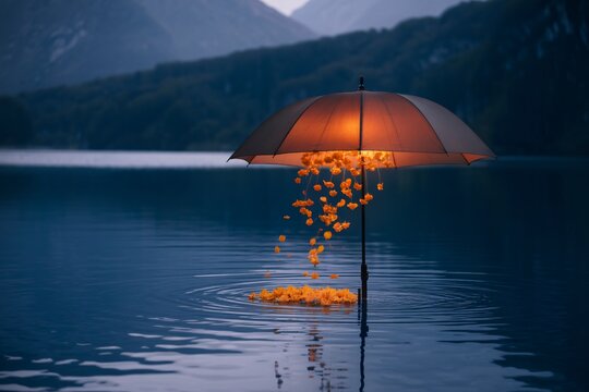 Umbrella floating on serene lake with falling orange flowers creating ripples in the water surrounded by mountains and trees in the background at dusk peaceful atmosphere. - Powered by Adobe