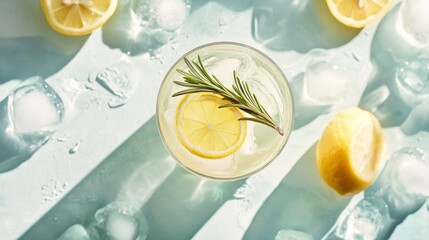 117.Minimalist flat-lay composition of a summer drink with lemon slices and rosemary floating in a glass, surrounded by scattered ice cubes and soft pastel textures.