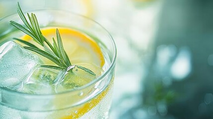 116.Refreshing summer-themed banner featuring a close-up of a chilled glass of lemon-infused detox water, garnished with fresh rosemary sprigs, ice cubes, and soft natural lighting.