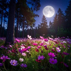 Enchanting night scene featuring cosmos and a giant, full moon